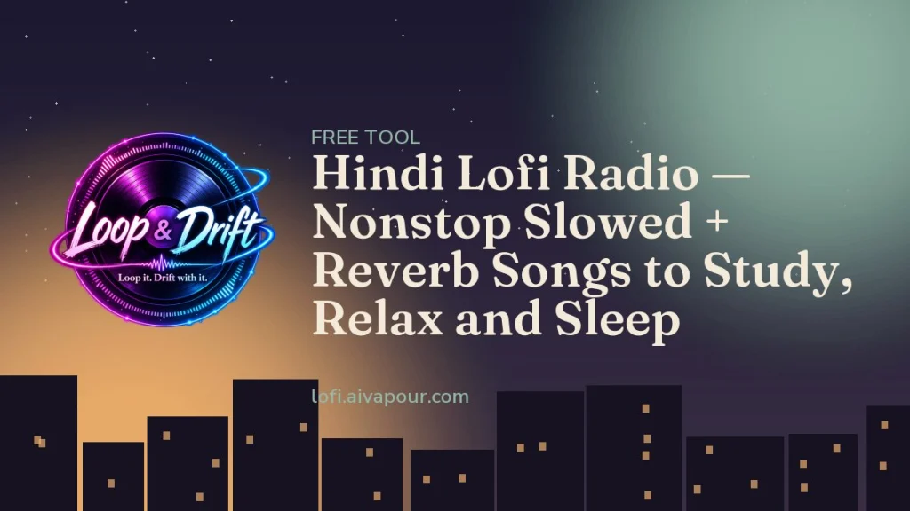 Hindi lofi radio player by Loop & Drift over a city at night in the rain